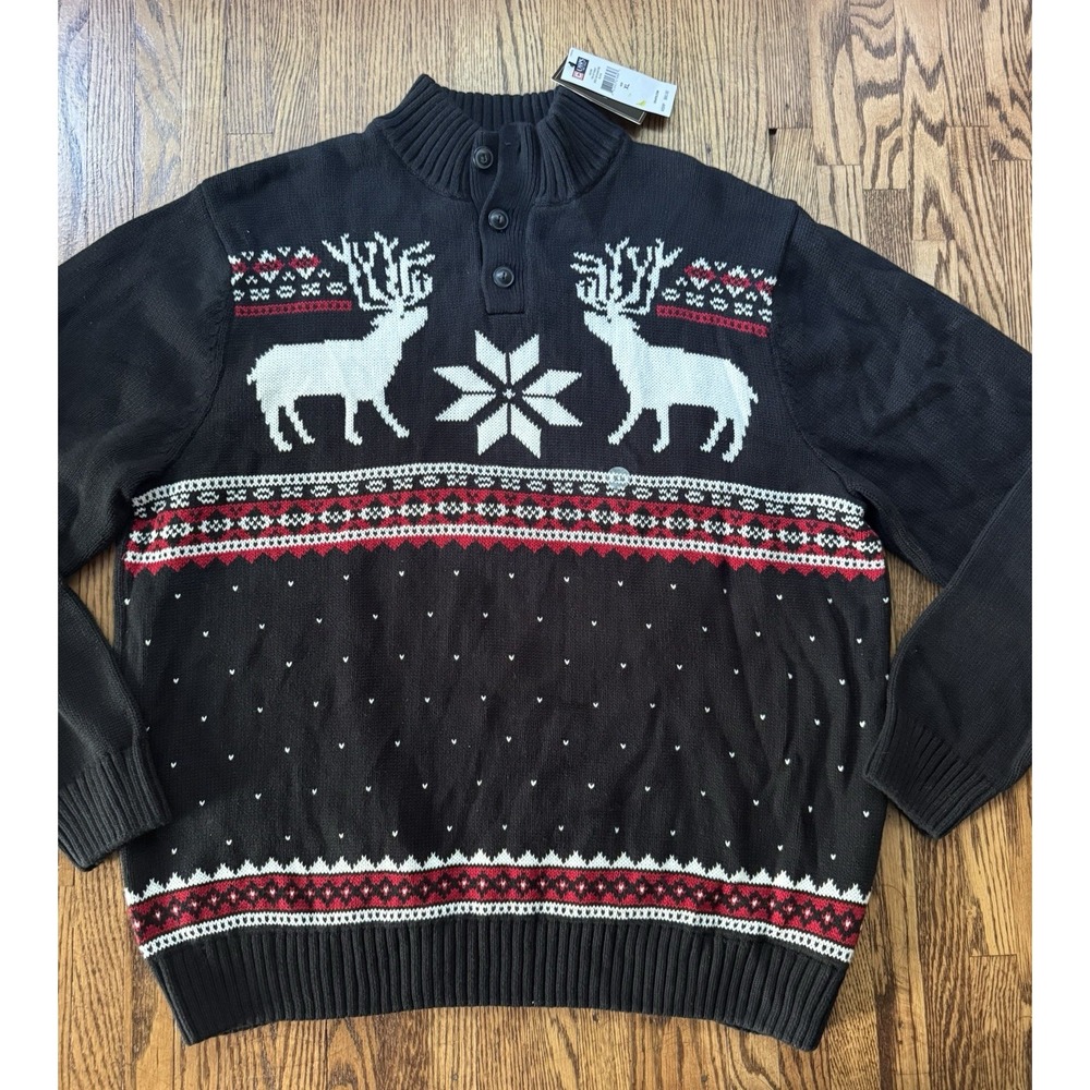 Chaps Mens XL Christmas Sweater Reindeer Fair Isle Black Red Cotton NWT